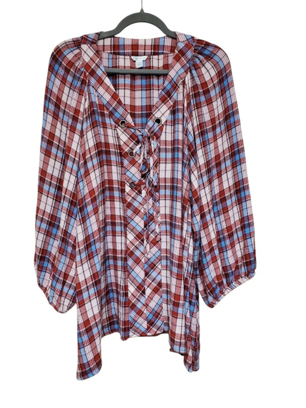 Cato Rust Blue Plaid Corset Neck Long Sleeve Country Peasant Top Plus 22/24W